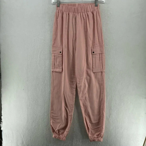 PrettyLittleThing Cargo Pants Women's Sz 2 Pink Pockets High-Rise Elastic Waist - Picture 1 of 13
